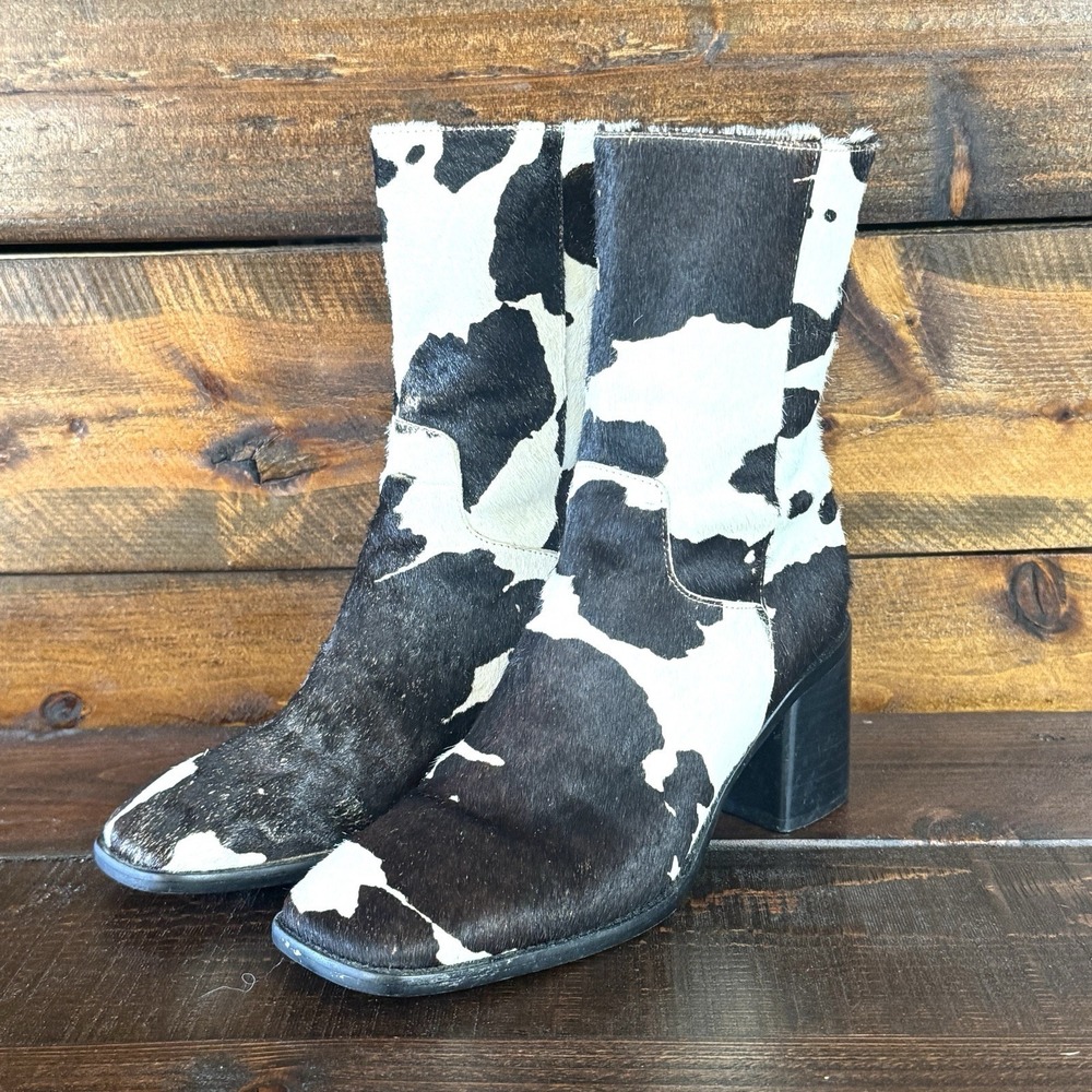 Intentionally Blank PG Women's 8 Boots Black White Cowhide Square Toe Back Zip